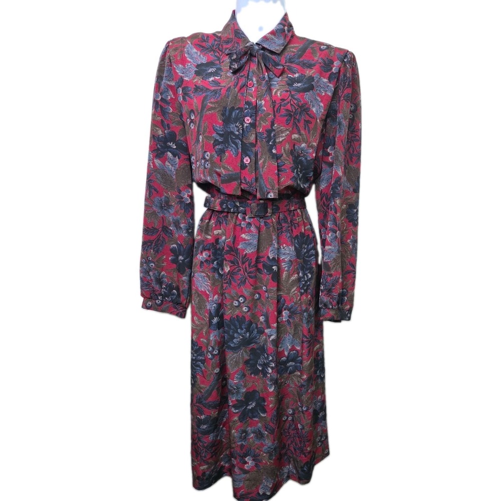 Vtg 1980s Secretary Day Dress Blueberry Floral Bow Neck Shirtwaist Belt Size 12